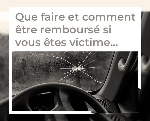 Titre sur les démarches et le remboursement après un accident automobile ; vue intérieure d'une voiture avec pare‑brise fissuré.