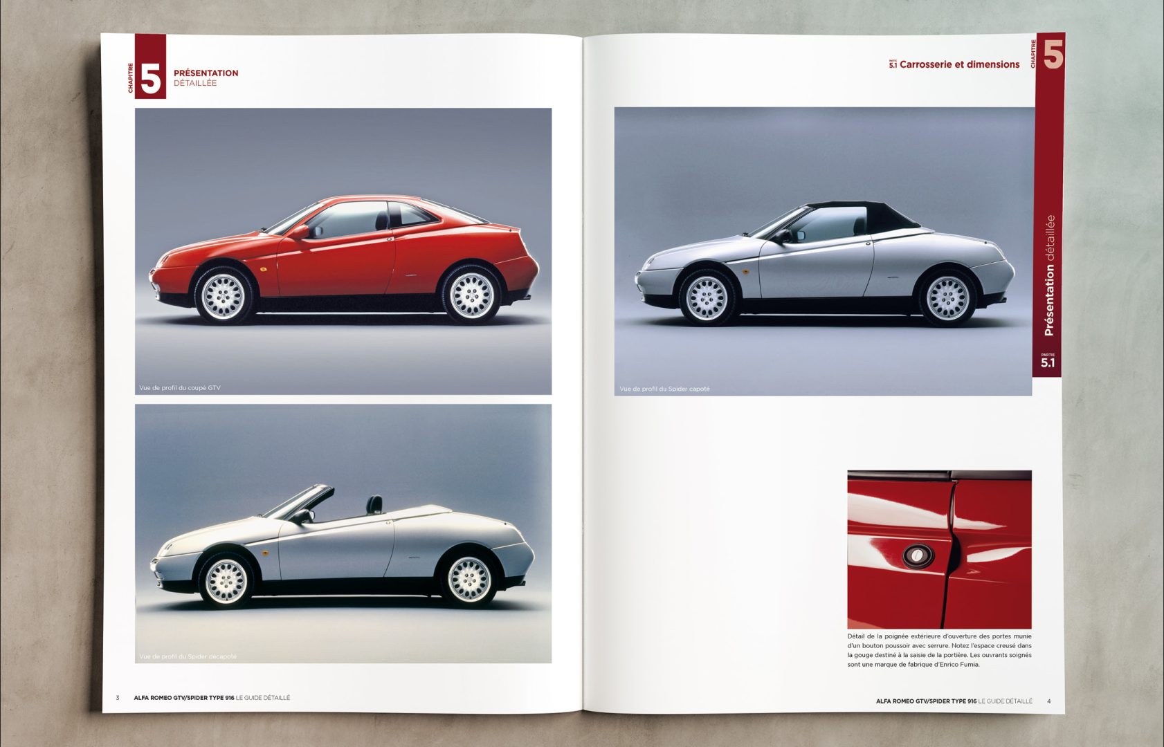 Open car catalog spread showing side-profile photos of a red Alfa Romeo coupe and a white convertible on the left, and a silver roadster on the right with a blue-gray background.