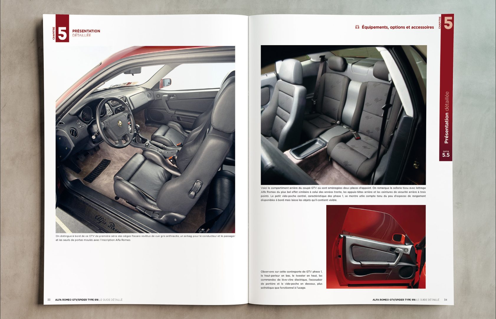 Two-page magazine spread showing front cockpit and rear seating of a gray Alfa Romeo interior. Front row with steering wheel and dashboard visible; second page shows rear seats.