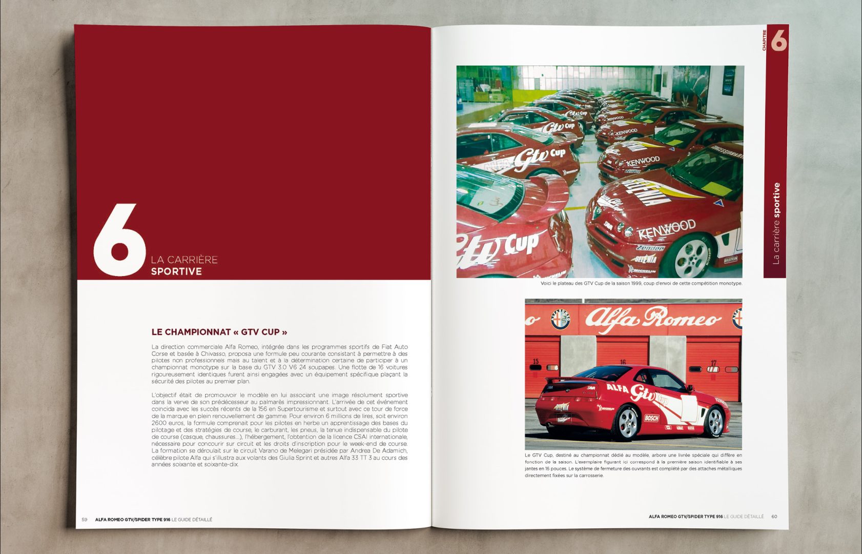 Open magazine spread: left page bold red with a large white '6' and 'LA CARRIÈRE SPORTIVE'; right page shows multiple red race cars in a showroom.