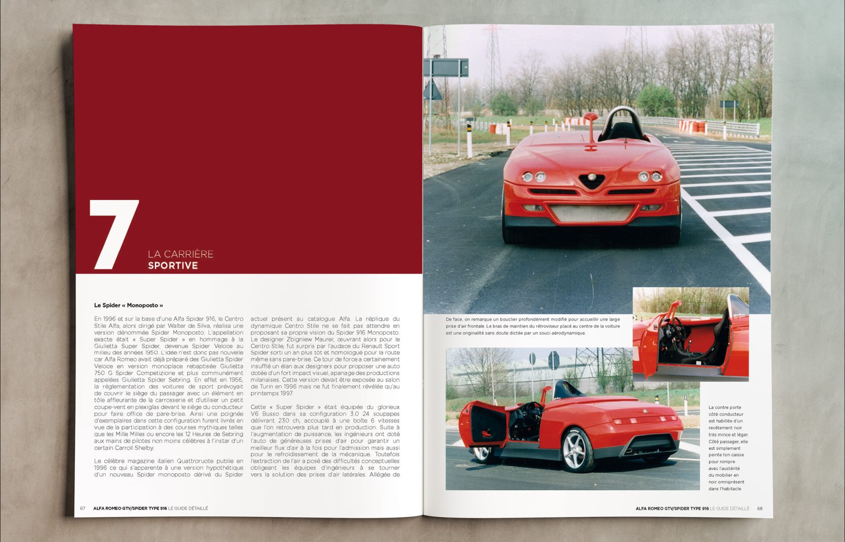 Magazine spread open to page 7: bold maroon left page with 'LA CARRIÈRE SPORTIVE' and large 7; right page shows a red sports car on a road with inset photos.