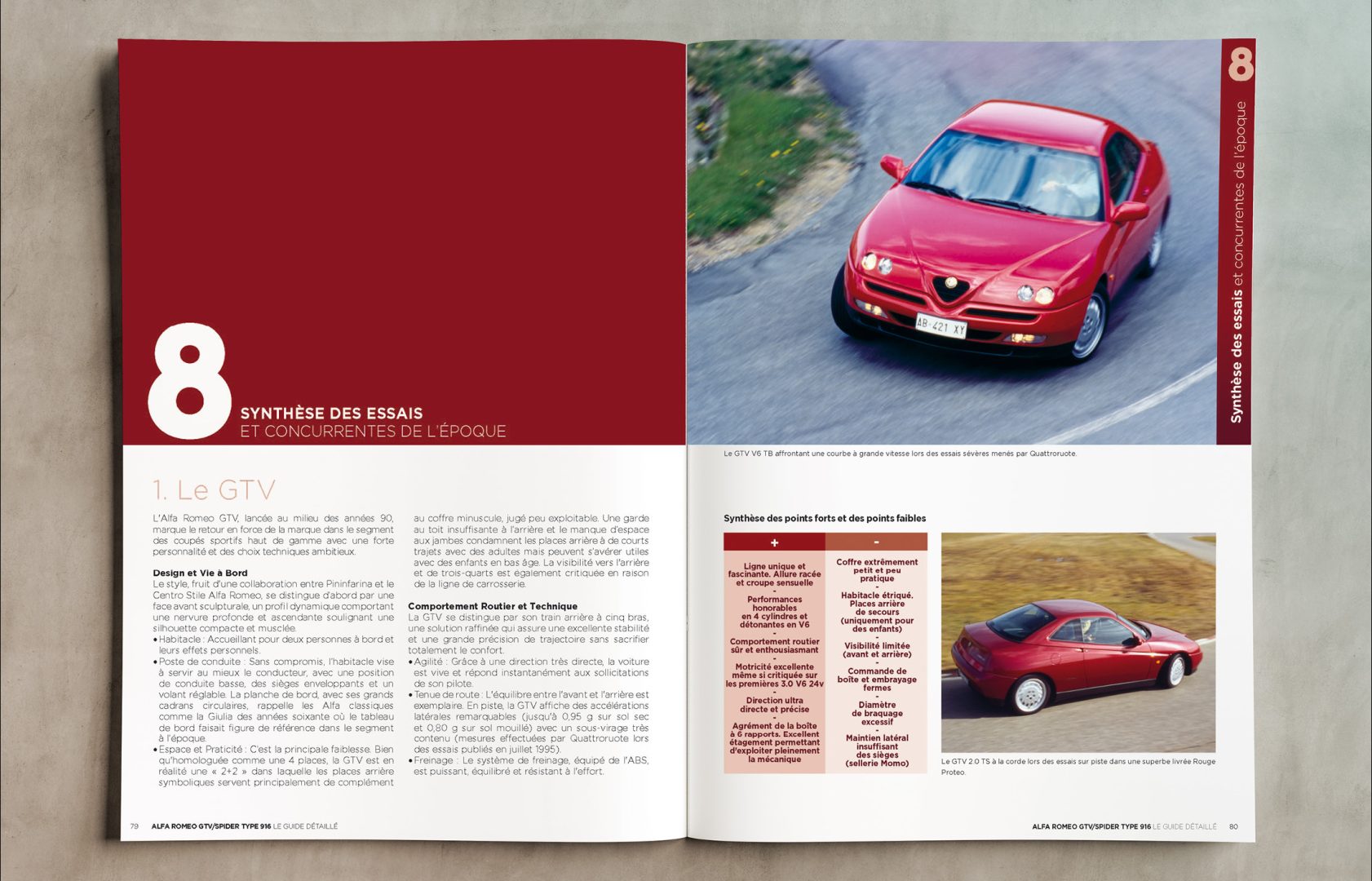 Two-page magazine spread about Alfa Romeo cars; left page has a bold red panel with a large white 8, right page shows a red car driving on a curved road.
